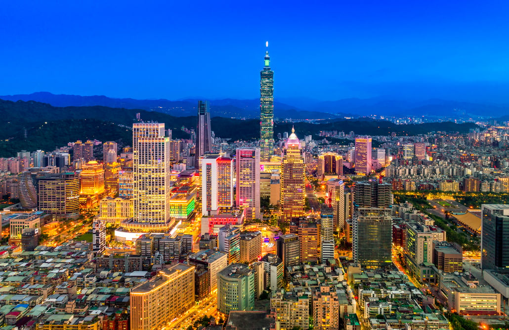 Aerial panorama over Downtown Taipei at night